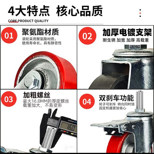 重型3/4寸5寸铁芯丝杆M10聚氨酯万向轮M16PU承重耐磨静音M12脚轮