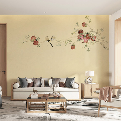 现代新中式素色墙布花鸟水墨沙发电视背景墙壁Q纸壁布卧室客厅壁