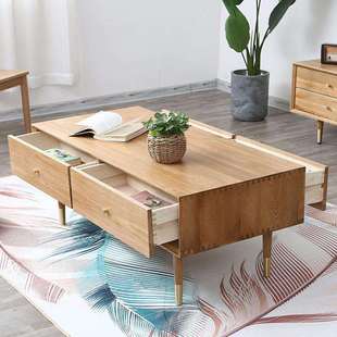 茶几 客厅边机电视柜组合茶几带抽屉 实木茶几白橡木色铜脚咖啡桌