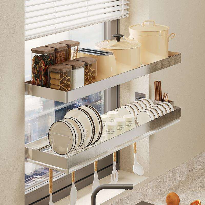 304不锈钢厨房窗台窗户壁挂式置物架放碗盘碗碟沥水架锅具收纳架