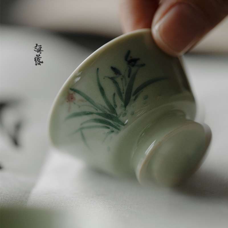 无落 纯手工果青釉下粉彩手绘兰知梦小品杯茶具茶杯薄胎品茗杯