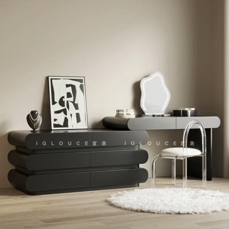 现代简约黑色梳妆台化妆桌斗柜一体家用全实木大小户型卧室高级桌