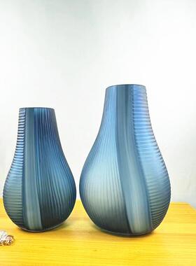 现代轻奢蓝色磨刻中式花瓶摆件插花水培样板间会议室玄关高级装饰
