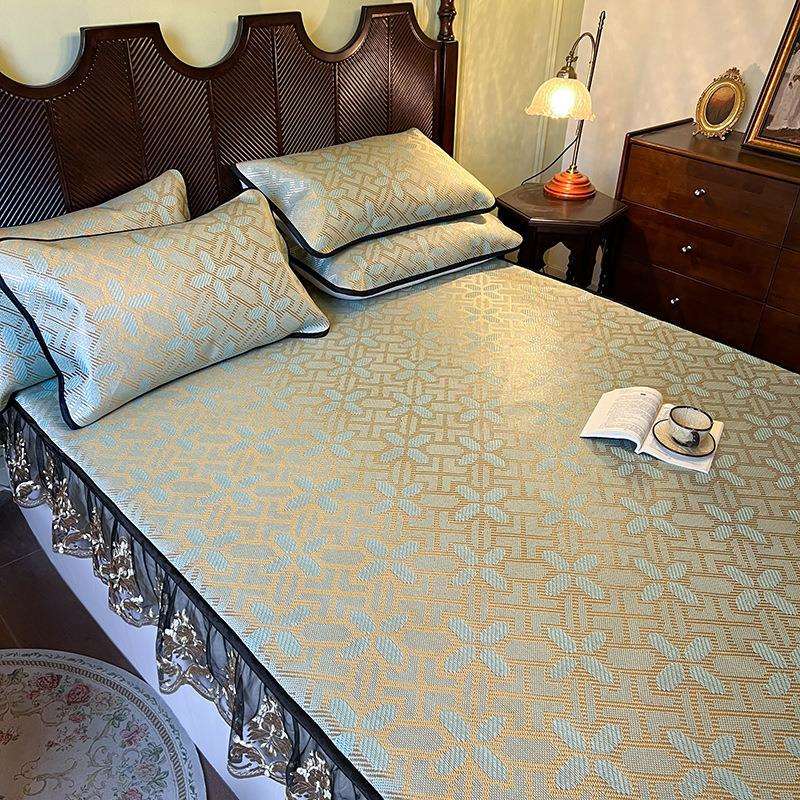 夏季新款轻奢舒适小清新家用床上用品床笠款冰藤席床席枕套三件套