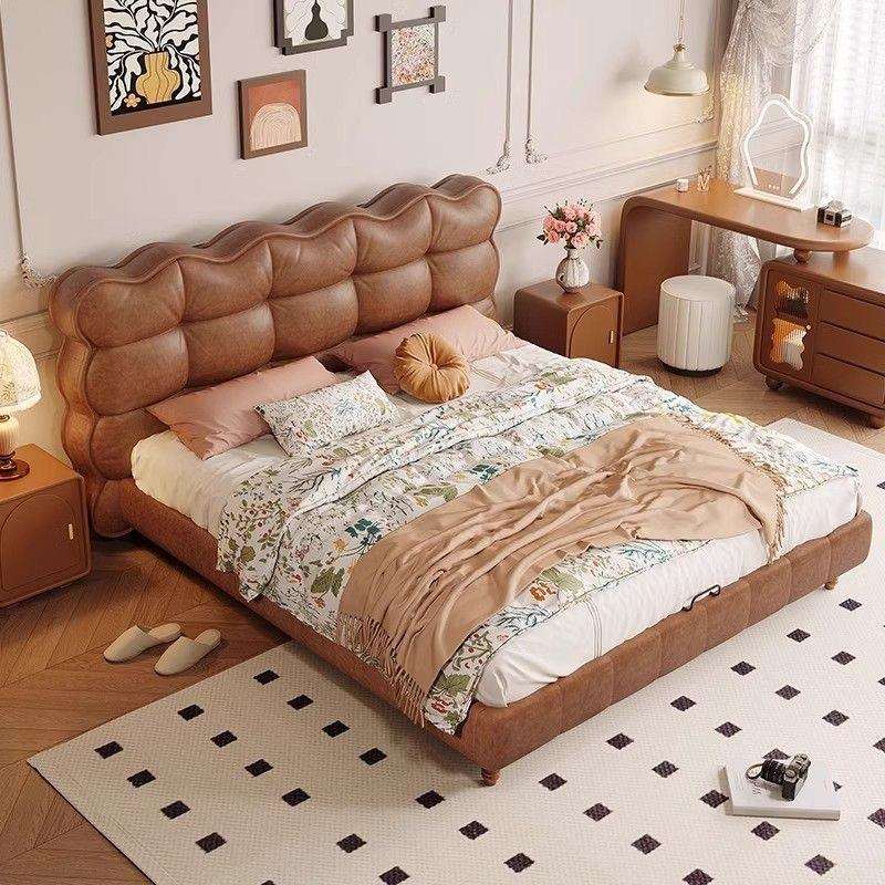 法式泡芙床中古风主卧双人1.8米现代简约云朵实木复古1.5米气压床