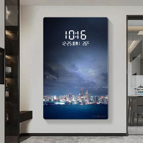 城市夜景夜空玄关装饰画led灯画客厅过道走廊壁画电子时钟表挂墙