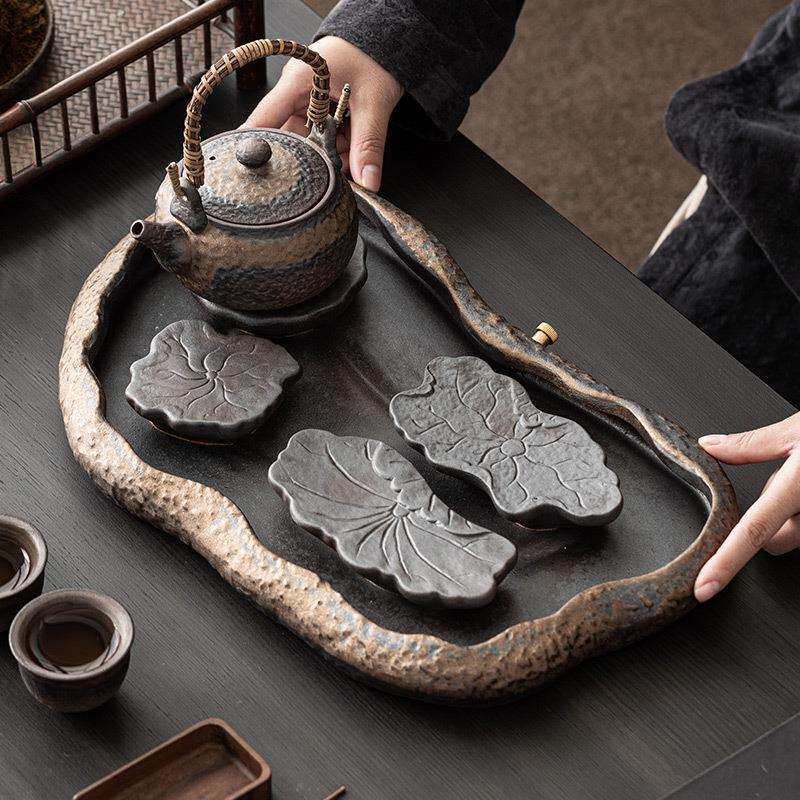 中式荷叶茶盘家用客厅小型陶瓷复古茶几干泡台储水排水式泡茶托盘