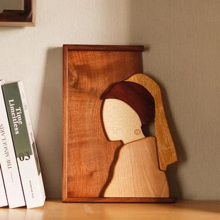 无意黑胡桃实木客厅装饰画挂画感书房卧室创意摆台木拼画