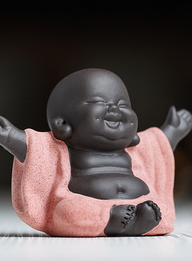 创意紫砂弥勒笑佛l小摆件中式禅意茶室桌面摆设花盆鱼缸造景装饰