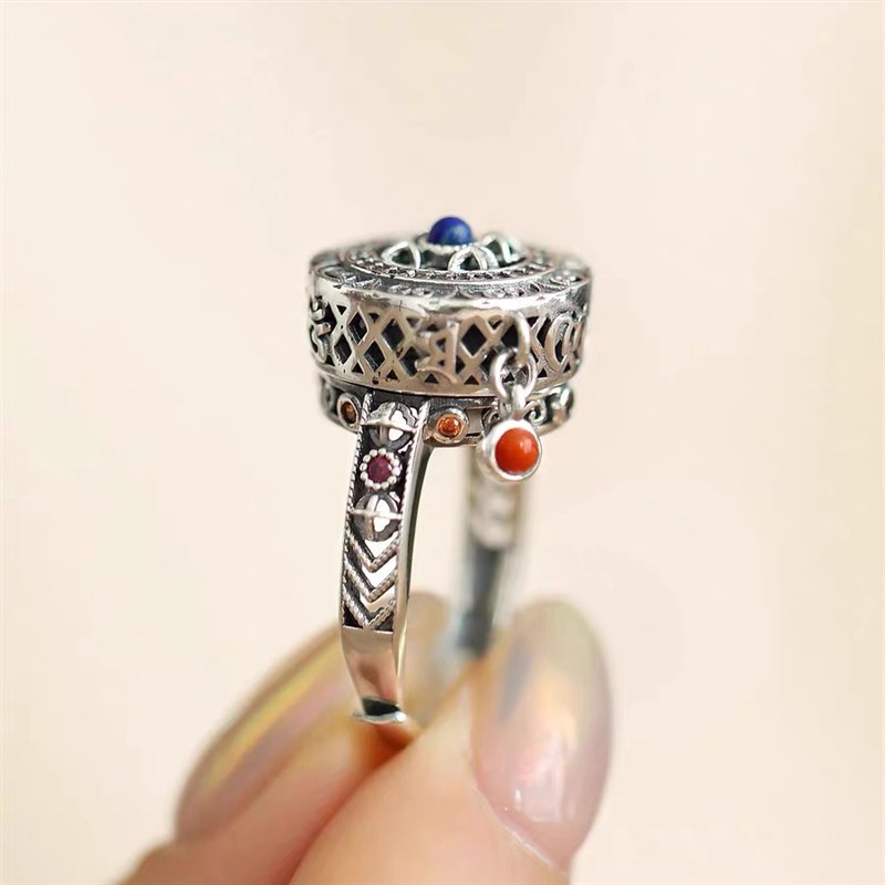 复古金刚杵六字真言小转筒t转运戒指旋转指环简约文艺范可调节手