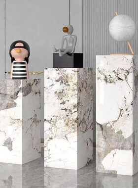 岩板花架客厅落地一体酒店会所玄关装饰摆件大理石底W座展示台立