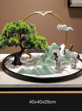 新中式酒店大圆桌圆形转盘摆件迎客松餐桌中间摆花U装饰品微缩景