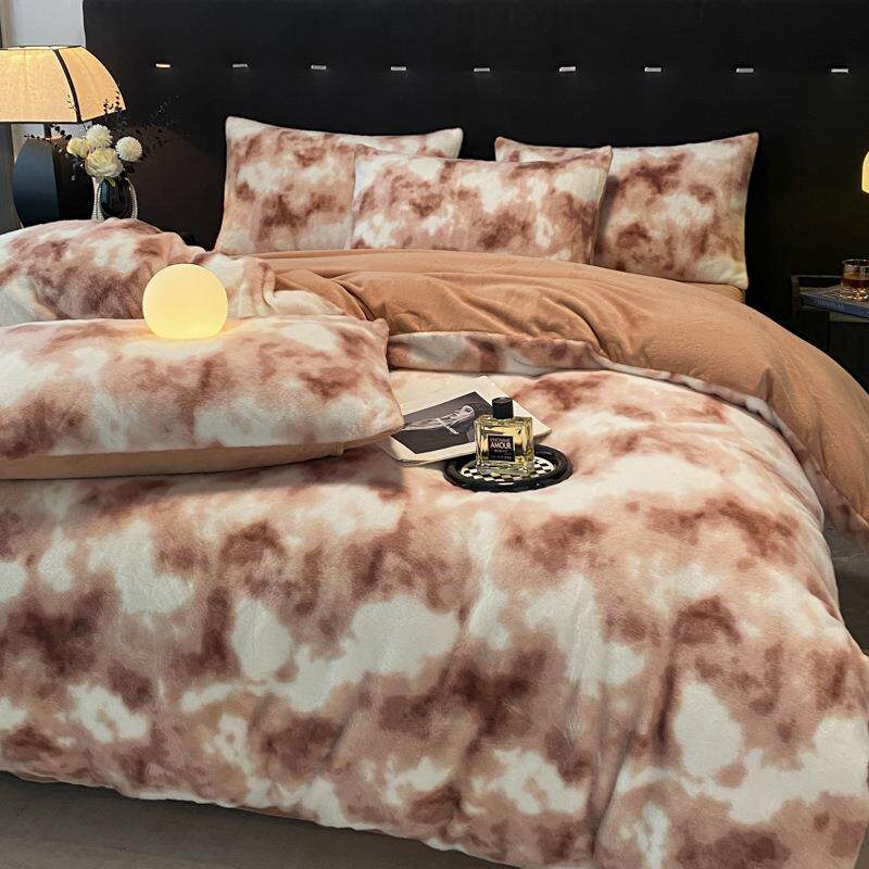 A类秋冬高克重全消光雪貂绒扎染风床上四件套保暖被套圆角床单款