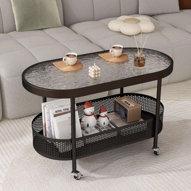 奶油风茶几简约沙发小户型椭圆边几客厅小桌子卧室玻璃移动小推车