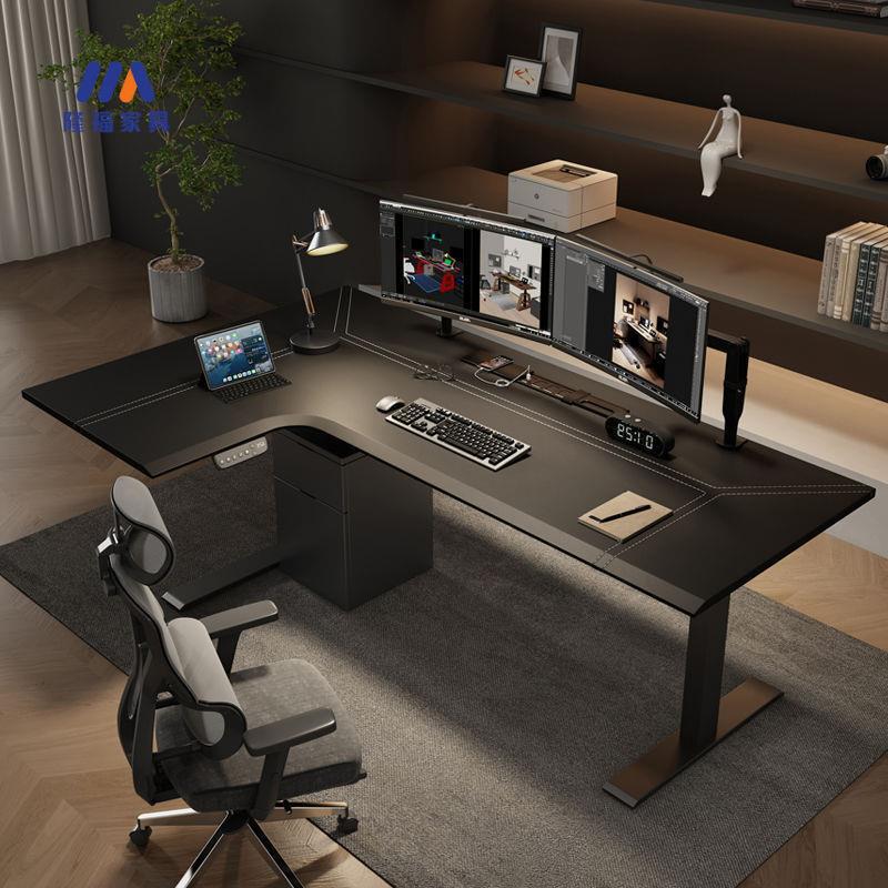 家用电竞电脑桌实木办公桌转角电动升降桌l型拐角皮面工作台书桌