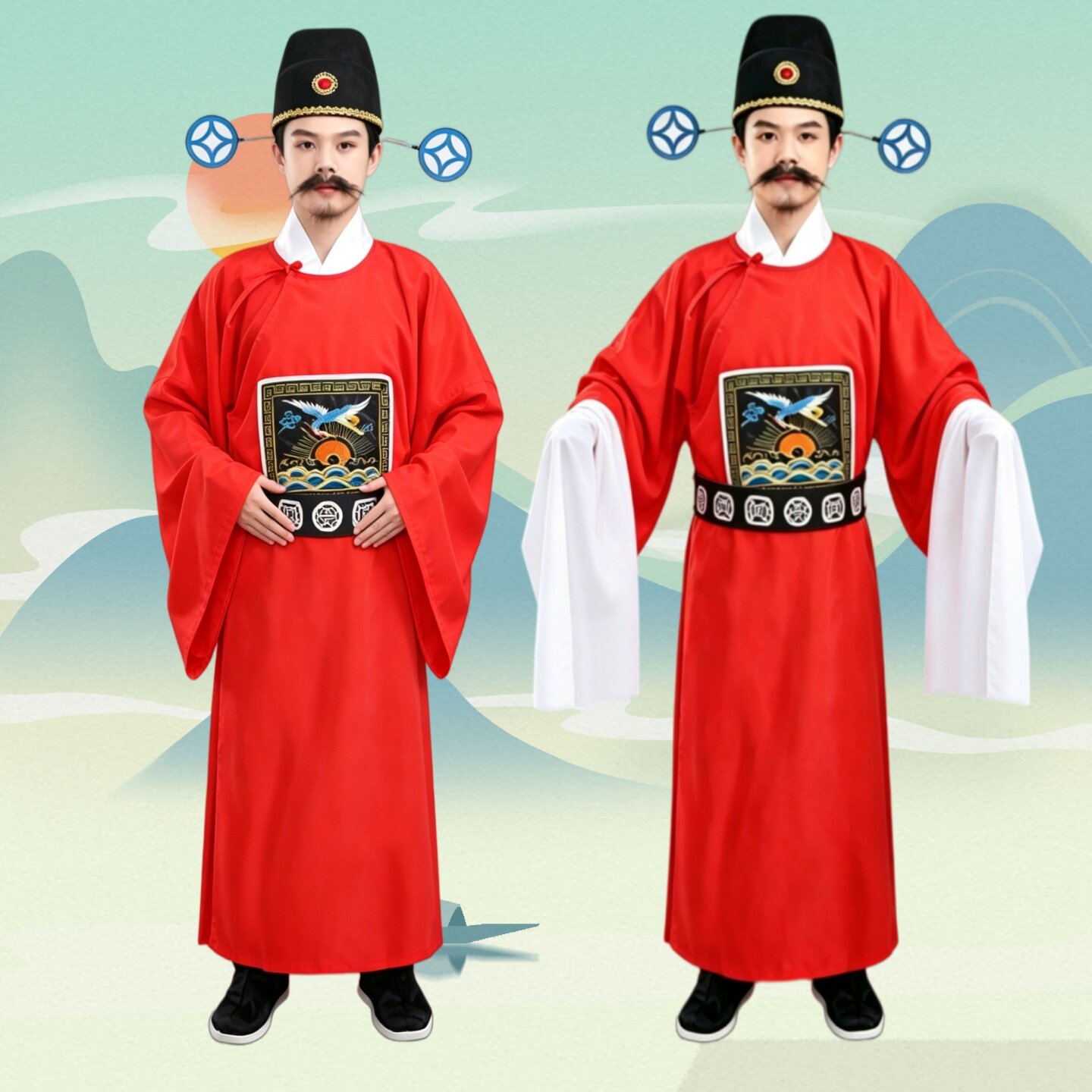 戏曲七品芝麻官服红色京剧县令戏服古代成人演出服装一整套刺绣