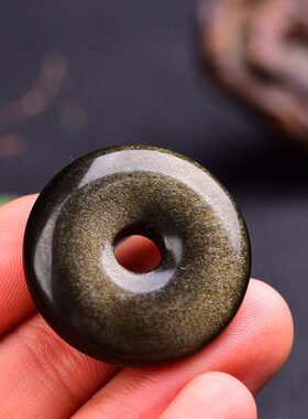 天然金曜石光面平安扣吊坠 黑曜石饰品 约30*7mm 包邮 H28