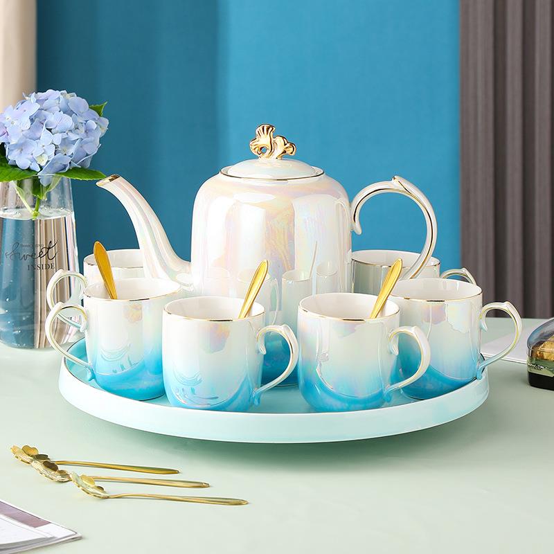 北欧轻奢梦幻琉璃陶瓷水具套装色釉金边咖啡杯下午茶茶具带托盘