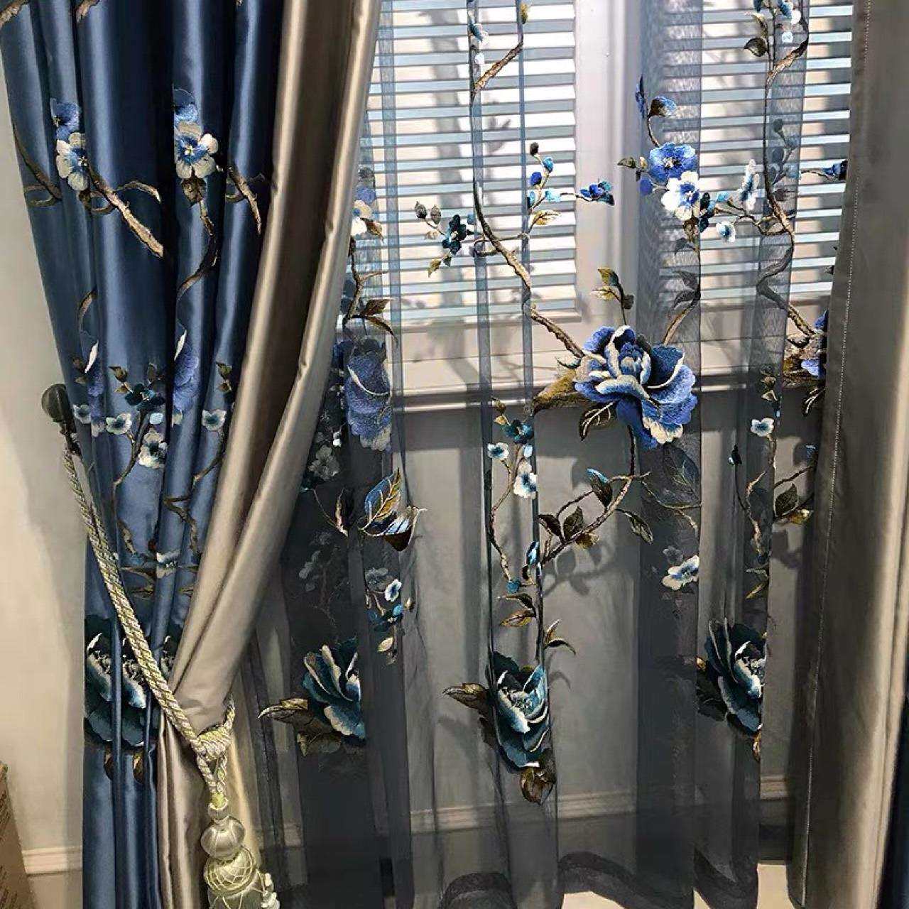 仿真丝新中式红色牡丹花蓝色牡丹花高精密刺绣窗帘牡丹绣花纱帘