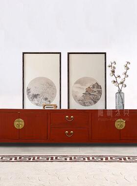 中式实木红色漆仿古做旧电视柜地柜储物柜复古矮柜旧实木家具