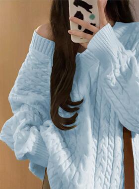 200斤大码蓝色V领麻花毛衣女秋冬宽松外穿慵懒风设计感保暖针织衫