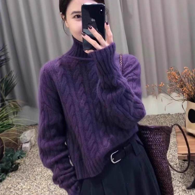 复古麻花高领毛衣女秋冬短款软糯加厚宽松紫色套头打底针织上衣