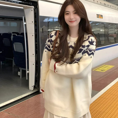 复古费尔岛宽松套头针织毛衣女冬季慵懒软糯别致绝美上衣圣诞穿搭