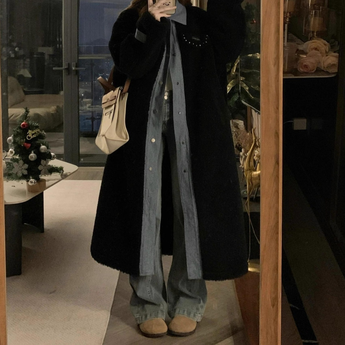 黑色假两件皮毛一体仿羊