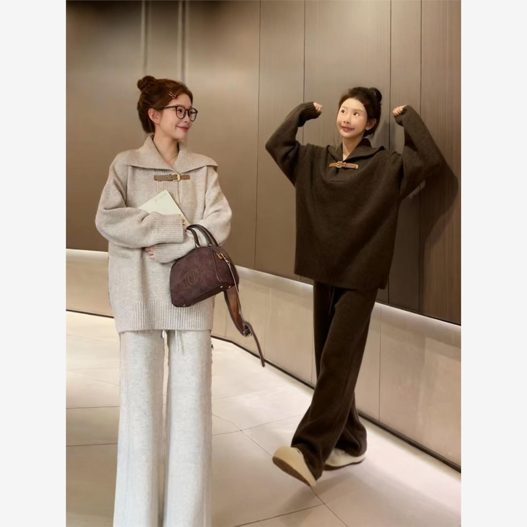 韩系皮扣软糯慵懒风翻领毛衣套装女宽松显瘦高级感保暖针织两件套