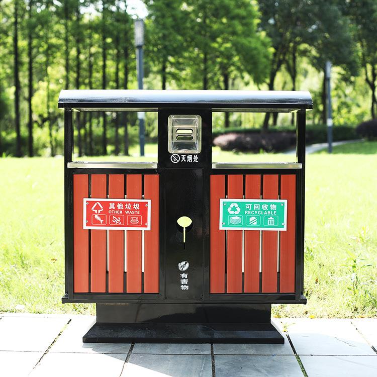 公园室外景区钢木果皮箱双桶户外垃圾桶不锈钢大商用小区环卫分类