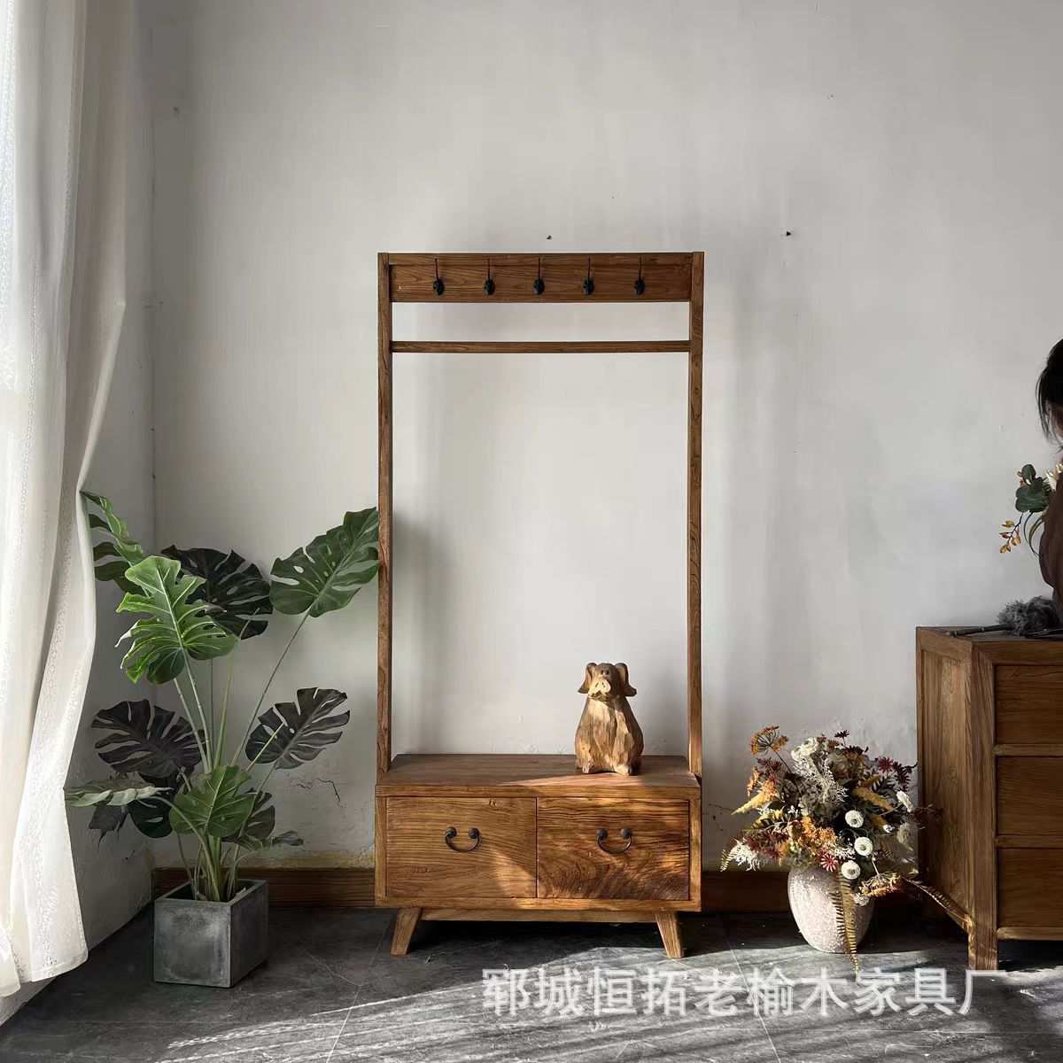 老榆木落地衣帽架实木家具玄关收纳柜换鞋凳一体组合挂衣架衣架