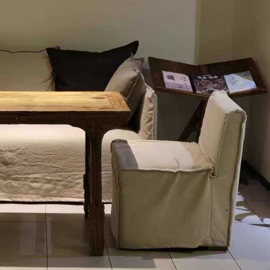 日式侘寂风亚麻布艺餐椅沙发椅复古美式梳妆凳放墩子民宿酒店家具