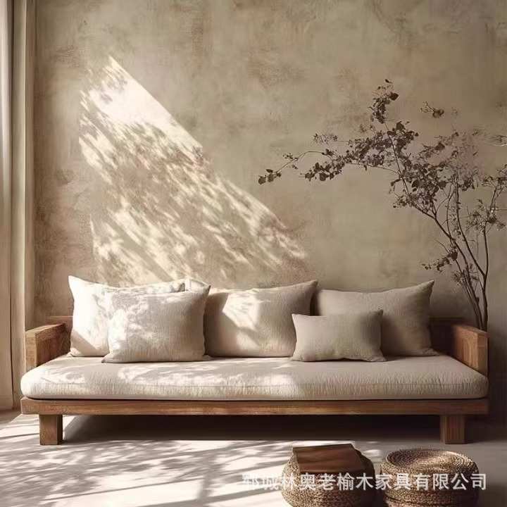 老榆木侘寂风沙发椅实木三人沙发小户型实木客厅沙发民宿原木躺椅