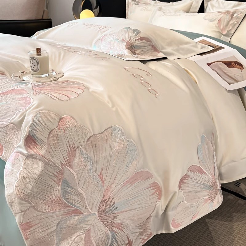 夏季水洗真e丝被套四件套轻奢风裸睡高级感被套床笠款床单床上用