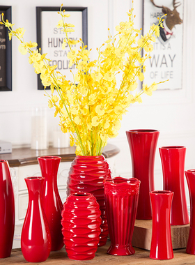 30cm中国红色花瓶简约现代陶瓷摆件新婚喜庆P家居客厅电视柜插花