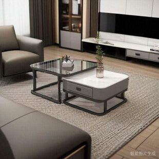 板岩包邮茶桌家用客厅现代小户型轻奢茶几子实木玻璃桌方形抽屉式