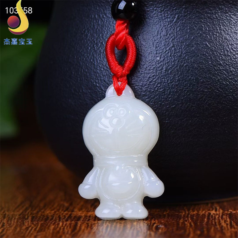 【万能】卡通版和田白玉吊坠哆啦A梦机器猫挂件项链玉坠吊坠证书