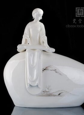 陶瓷人物古典美女仕女弹琴人物德化白瓷古琴丝竹婉曲办公家居摆件