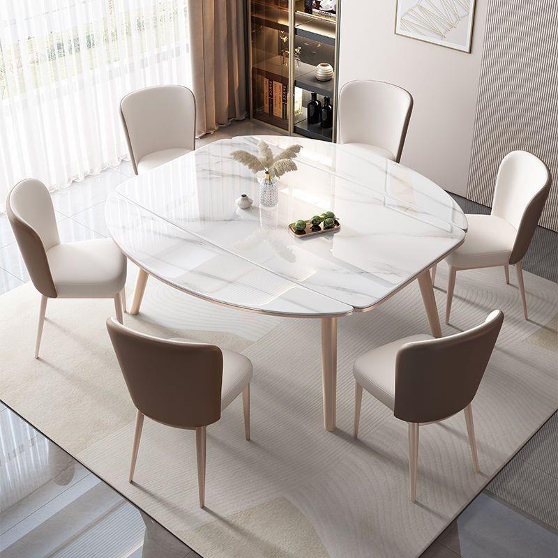 轻奢亮光岩板实木餐桌家用椭圆形时尚餐桌高端伸缩折叠方圆两用桌