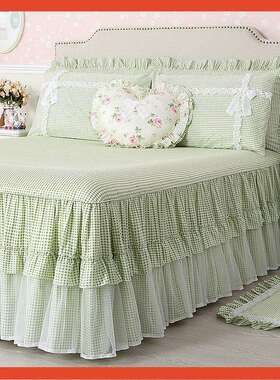 巧致带裙边床单单件床裙蕾丝花边绿色纯棉床罩三件套床盖公主