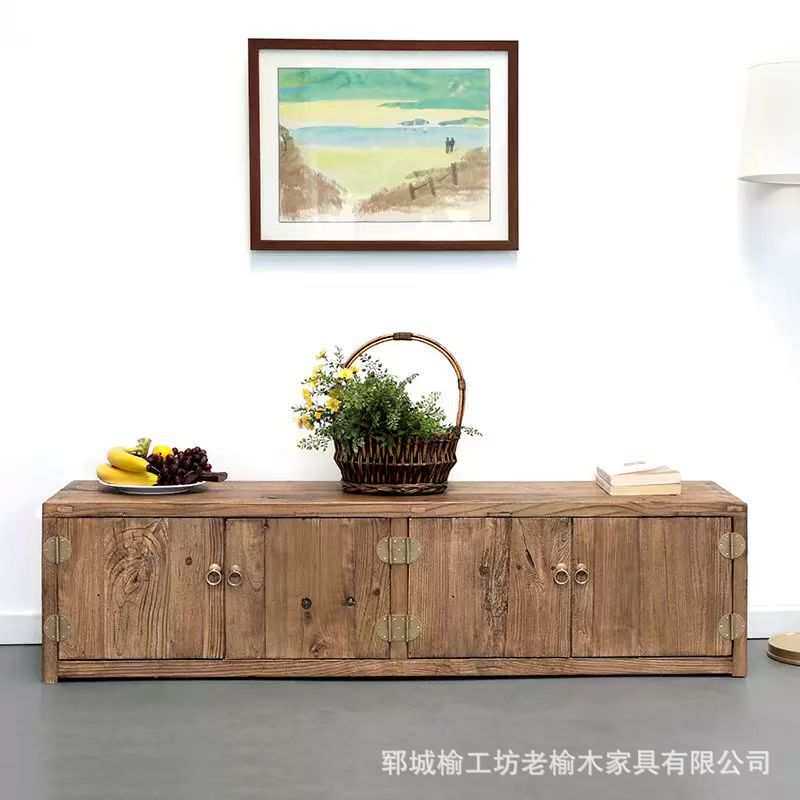 老榆木电视柜客厅落地式矮柜双开门储物柜原木小户型玄关收纳鞋柜