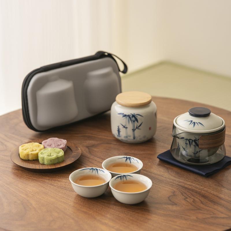 手绘草木会旅行茶具套装便携式快客杯1壶3杯陶瓷玻璃茶海定制logo