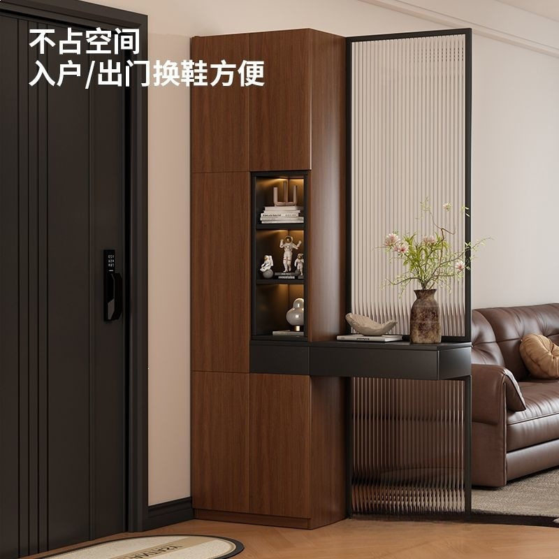 实木质中古风入户客厅隔断玄关柜鞋柜一体组合对门屏风收纳储物柜