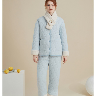 冬季三层夹棉睡衣女特厚保暖纯棉加绒加厚款可外穿御寒居家服套装