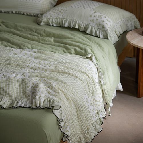 淡雅清新全棉双i层纱夏凉被四件套花边空调被子薄被芯床单床笠机