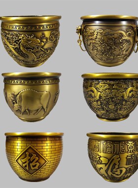 铜缸摆件 铜f烟缸摆件铜水缸摆件五牛图百福狮头缸招财铜聚宝盆缸