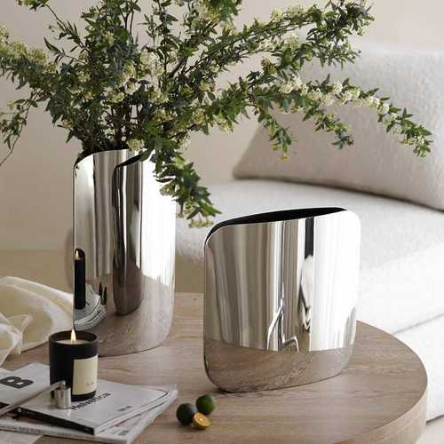 北欧风简约不锈钢花瓶轻奢样板房软装饰客厅酒店民宿摆件插花器