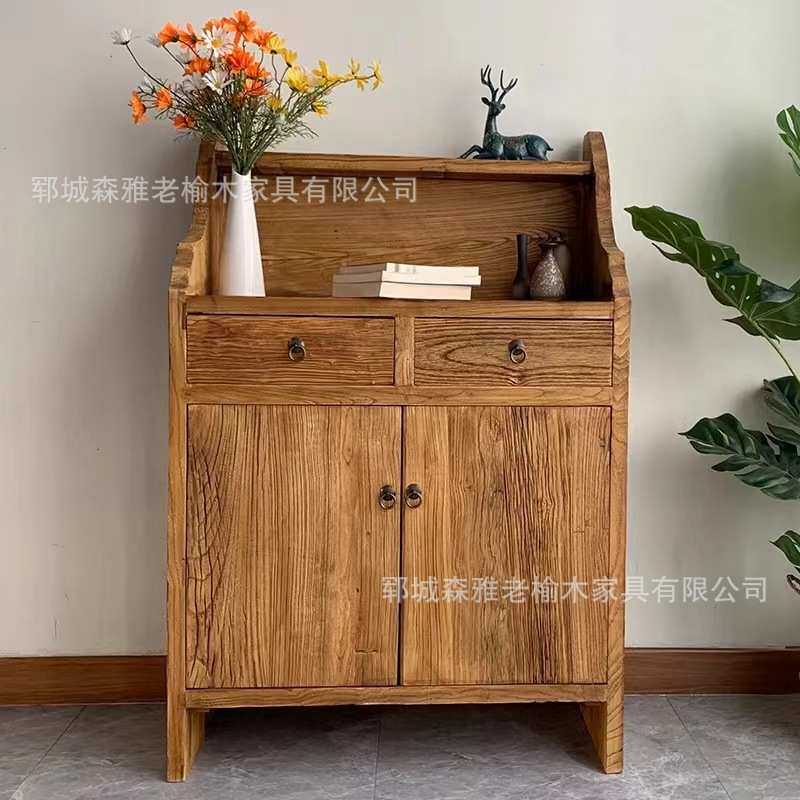 老榆木门口简易储物柜玄关落地鞋柜双抽屉多功能复古风化储物柜