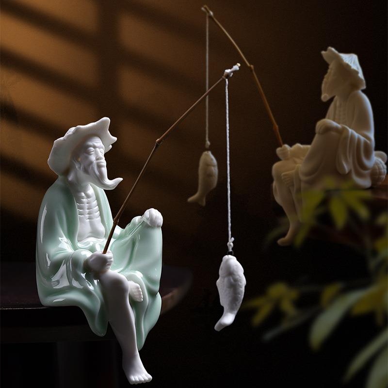 姜太公钓鱼摆件创意陶瓷人物微景观禅意造景鱼缸鱼池盆景假山装饰