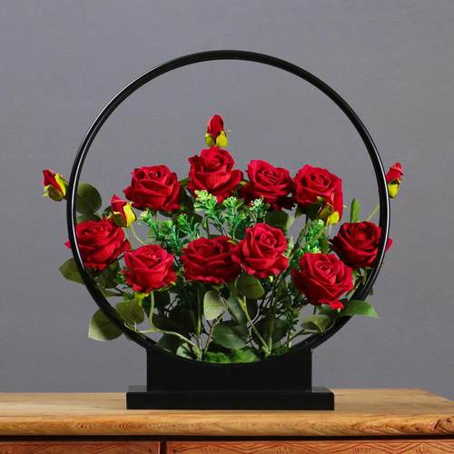 轻奢仿真玫瑰花摆件新中式客厅玄关电视柜办公桌面创意家居装饰品